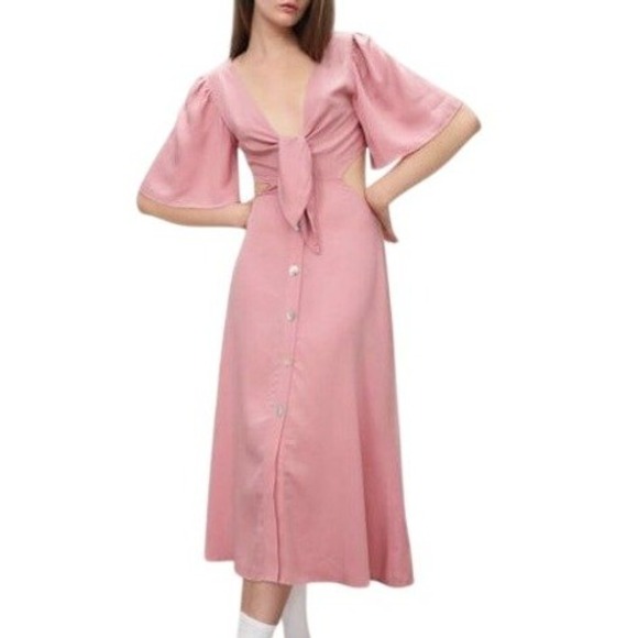 Zara Dresses & Skirts - Zara Pink Cut‎ Out Tie Front Flutter Sleeve Midi Dress Women Size Small